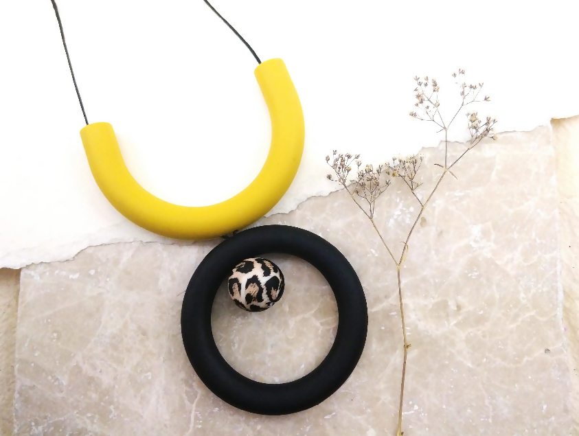 Mustard, Black & Leopard Silicone Necklace | Geometric Necklace | Statement Necklace