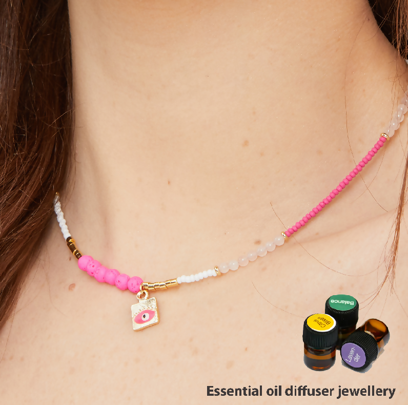 Essential Oil Diffuser Necklace with Enamel Evil Eye bead, Rose Quartz, Lava beads, Preciosa Czech beads | Aromatherapy Necklace