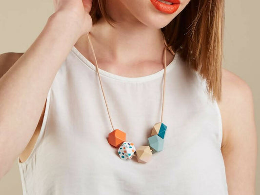Geometric Necklace - Coral Terrazzo, Sage Pink & Teal 1