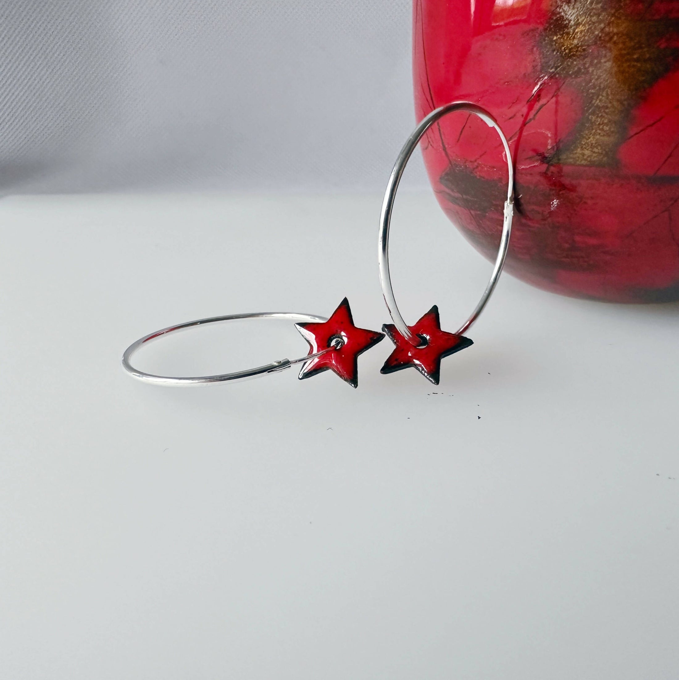 Sterling Silver Hoop Earrings with Enamel Star