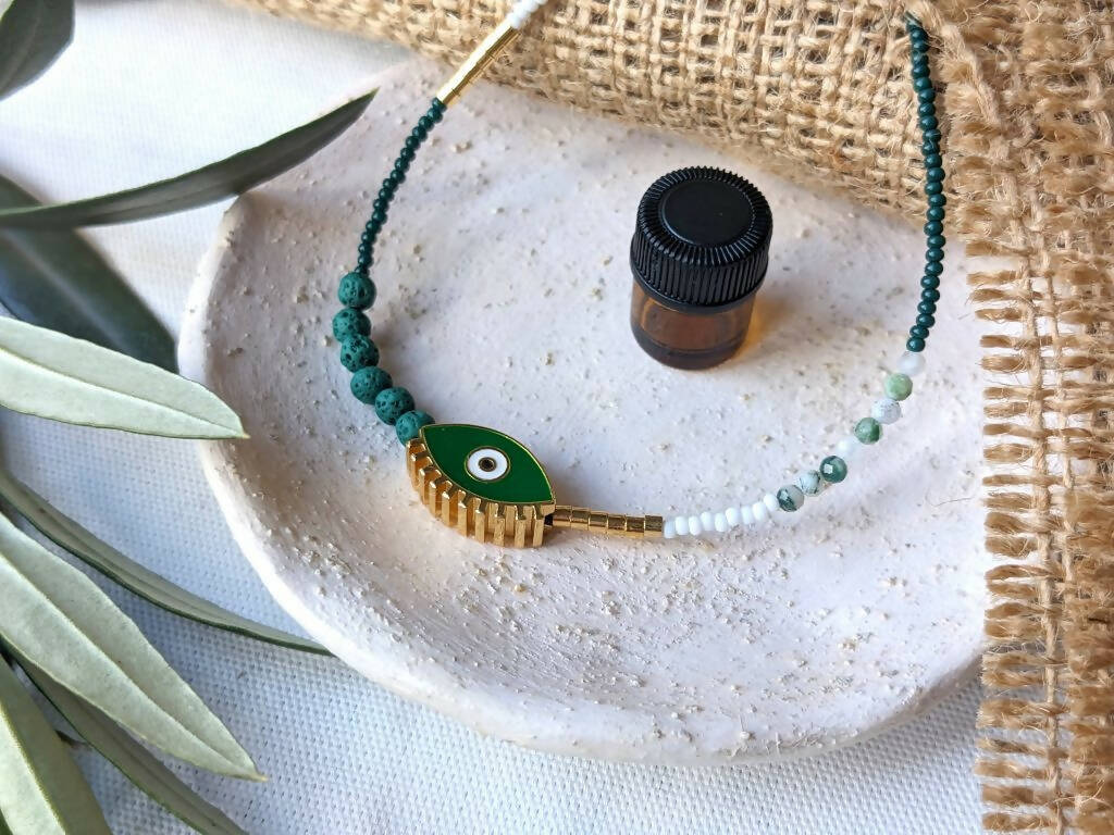 Essential Oil Diffuser Necklace with Enamel Evil Eye bead, Rose Quartz, Lava beads, Preciosa Czech beads | Aromatherapy Necklace