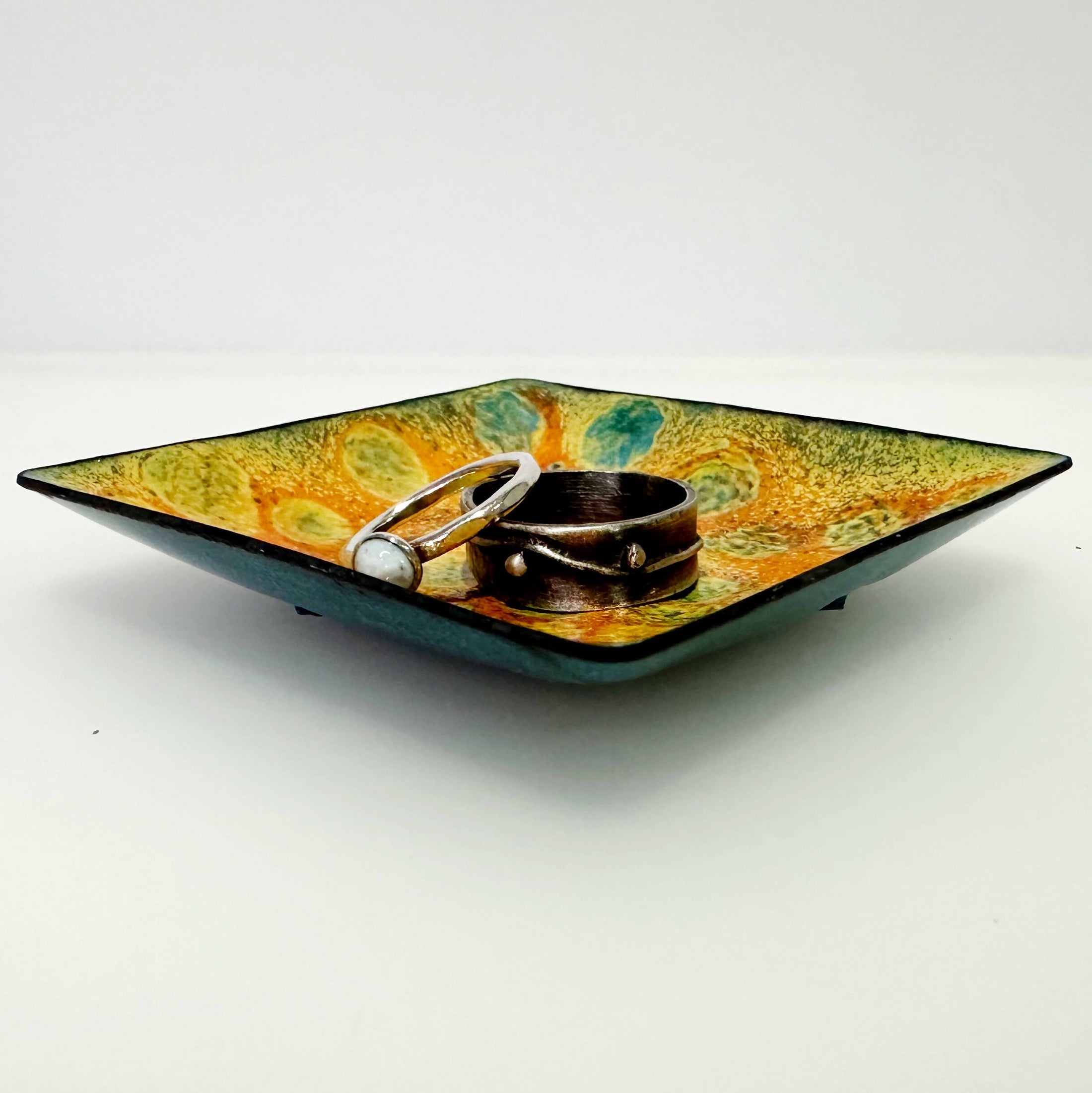 Square Enamel Ring Dish - Yellow and Teal