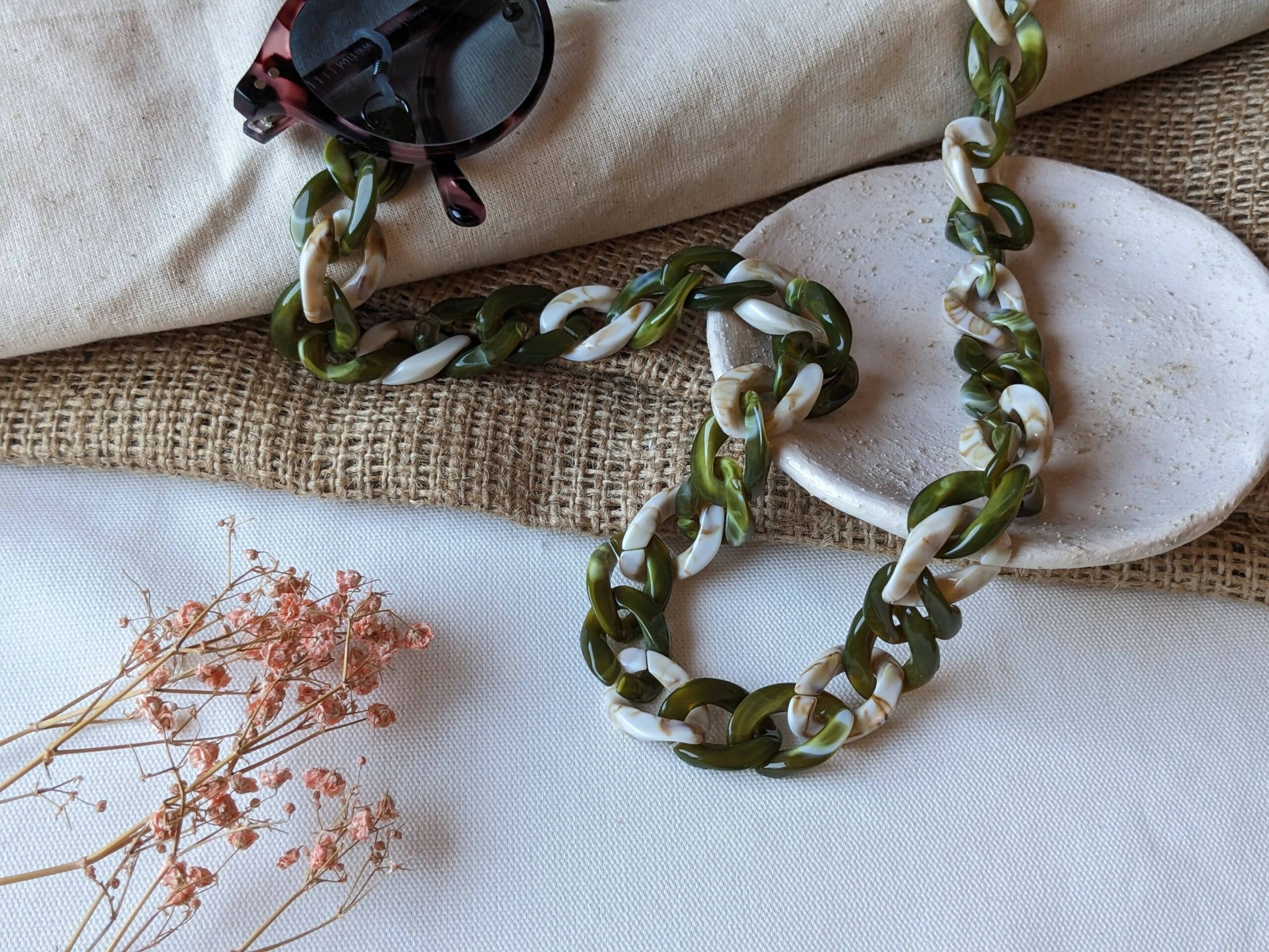Glasses Chain - Warm Marble & Olive Chunky Acrylic Chain